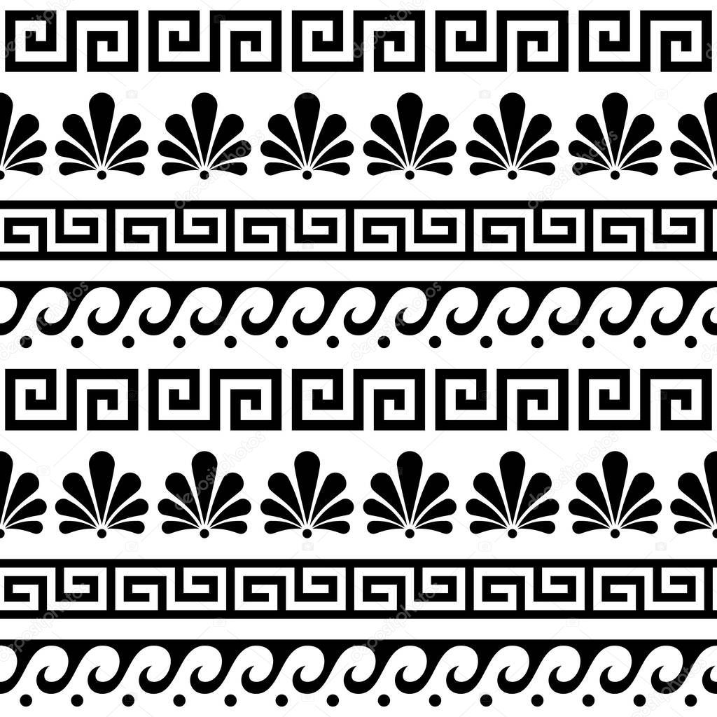 Greek ancient seamless vector pattern set - floral and geometric repetitive ornament, key pattern in black and white 