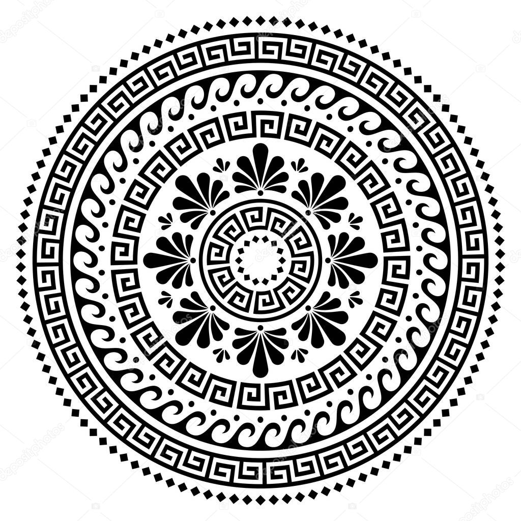 Greek vector boho mandala design, Ancient round wave and greek key pattern art in circle isolated on white 