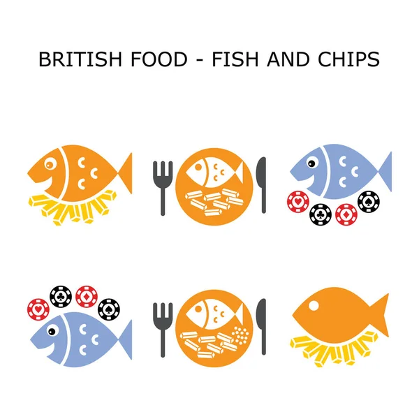鱼类和薯片矢量彩色图标集 英国传统食物设计 — 图库矢量图片
