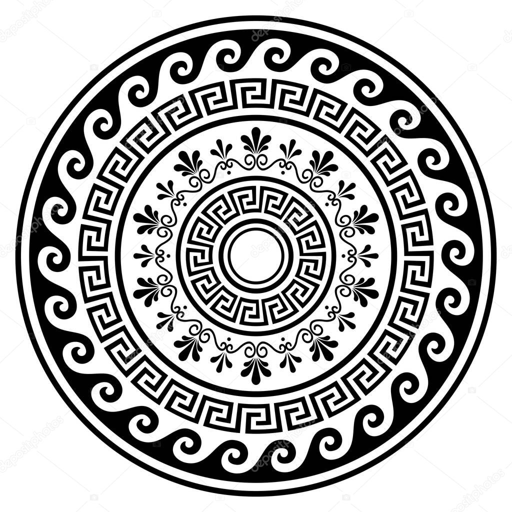 Greek vector boho mandala design with key pattern, flowers and waves, black yoga pattern in black on white background 