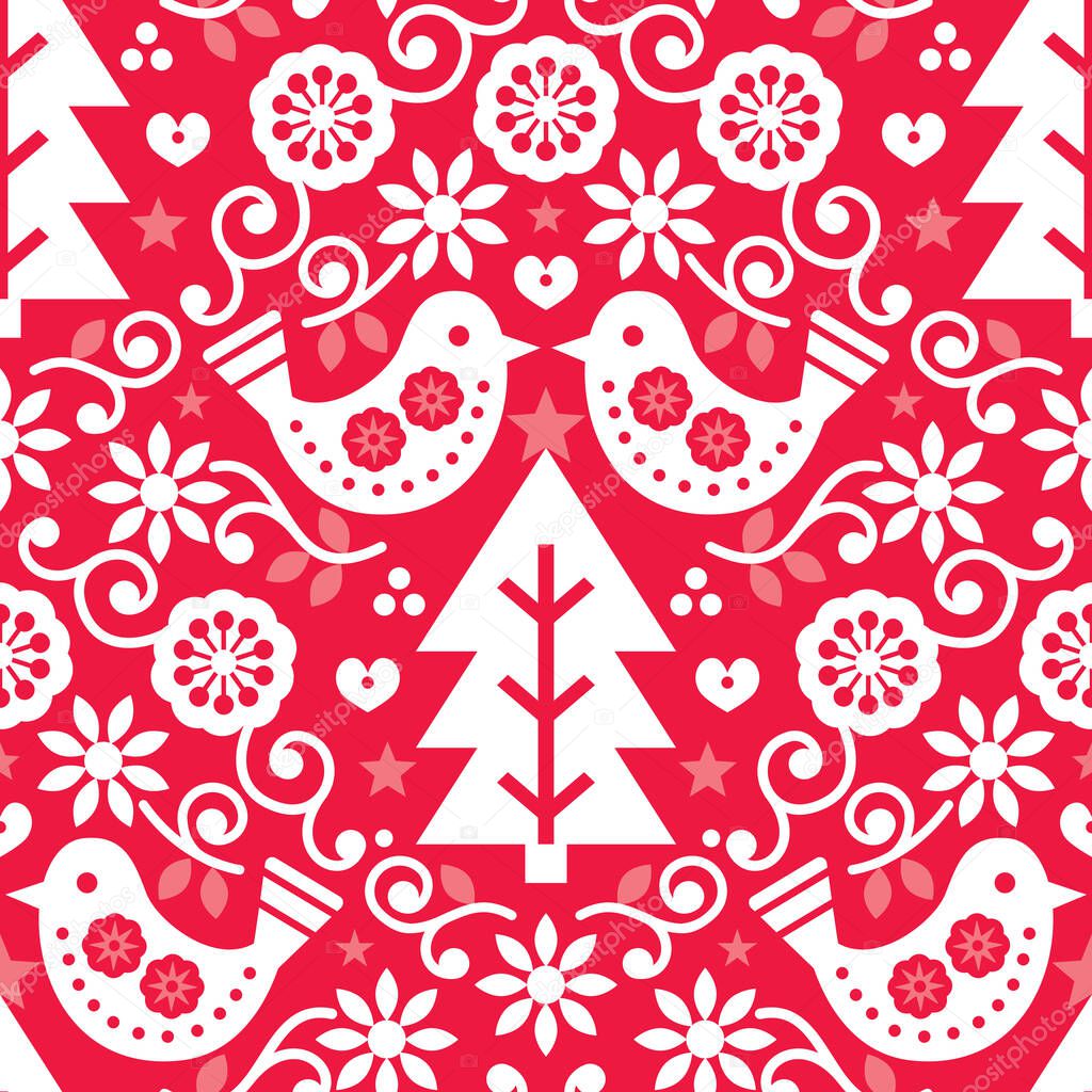 Christmas Scandinavian seamless vector pattern with birds and flowers in white on red, folk art Nordic fabric, textile design