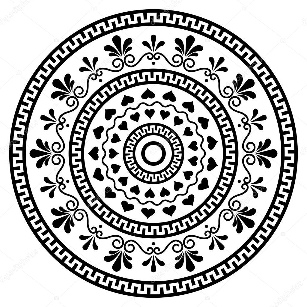 Greek vector boho mandala design with key pattern, flowers and swirls, monchrome yoga pattern 