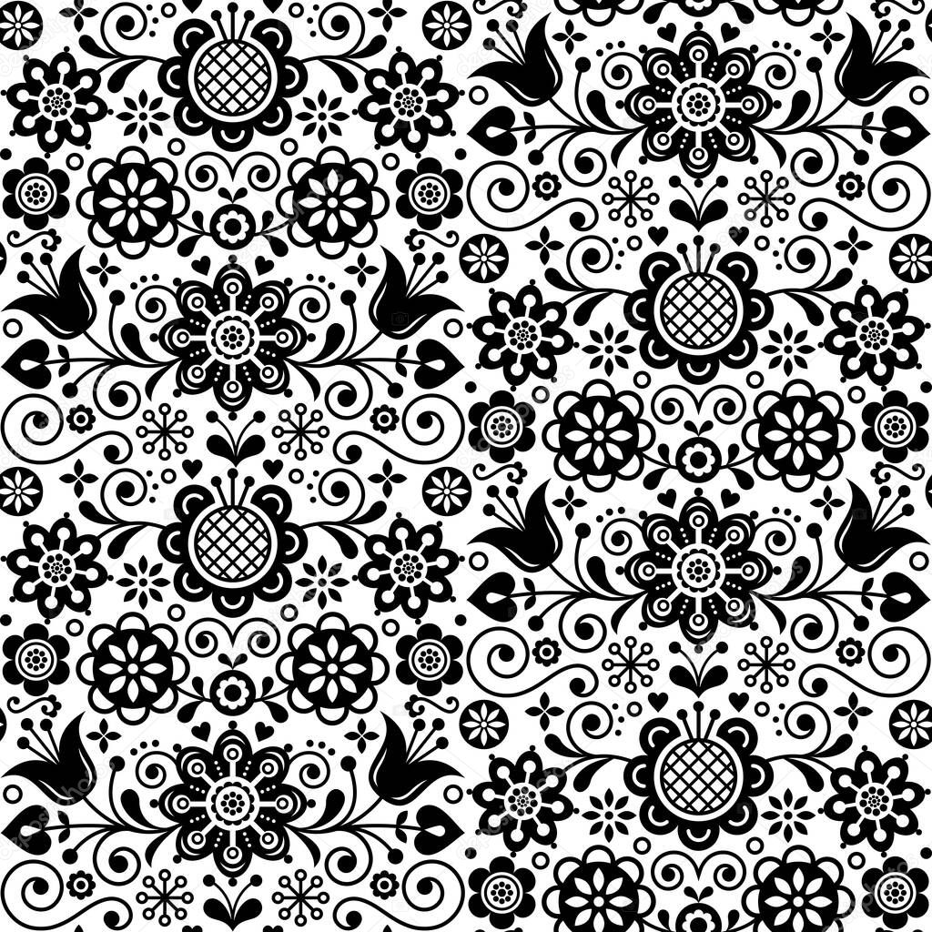 Floral seamless folk art vector pattern, Scandinavian black and white repetitive design, Nordic ornament with birds, hearts and flowers