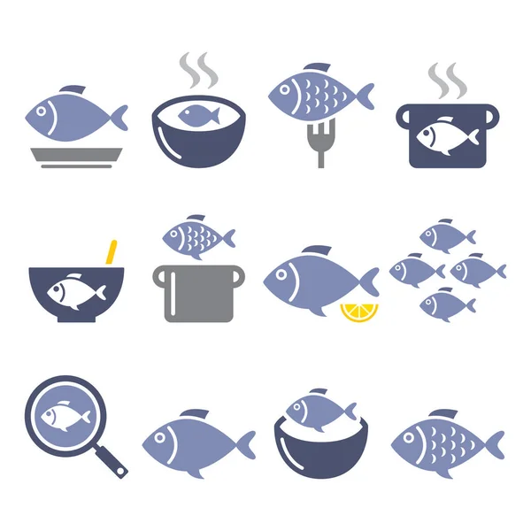 Fish Meals Icons Soup Chowder Goulash Fried Fish Color Design — Stock Vector