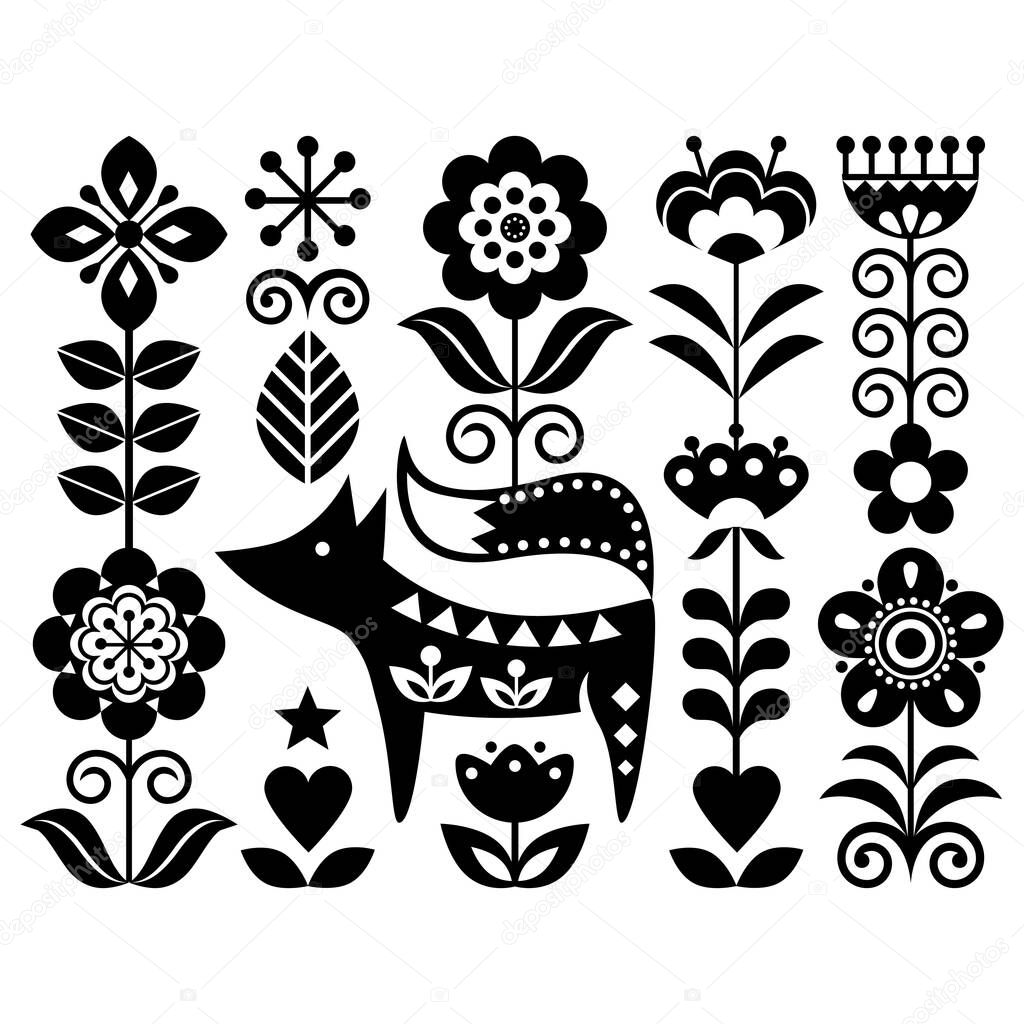 Scandinavian cute monochrome folk art vector design with flowers and fox, floral pattern perfect for greeting card or invitation inspired by traditional embroidery from Sweden, Norway and Denmark.Forest happy Nordic ornament with an animal in black 