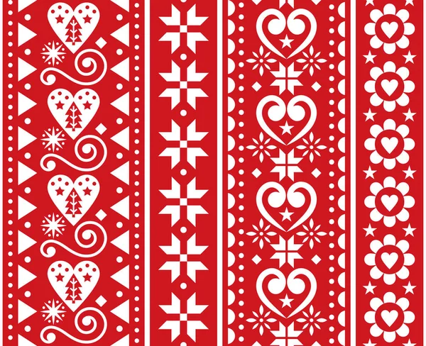圣诞矢量无缝垂直图案 斯堪的纳维亚传统刺绣民间艺术风格与雪花 圣诞树 花卉和心脏 — 图库矢量图片