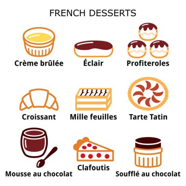 Fransız tatlısı, pasta ve kek ikonları - creme brulee, çikolatalı mus, sufle  