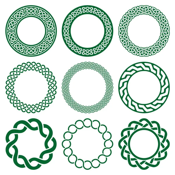 Ierse Keltische Vector Mandala Frame Set Groen Gevlochten Rond Patroon — Stockvector