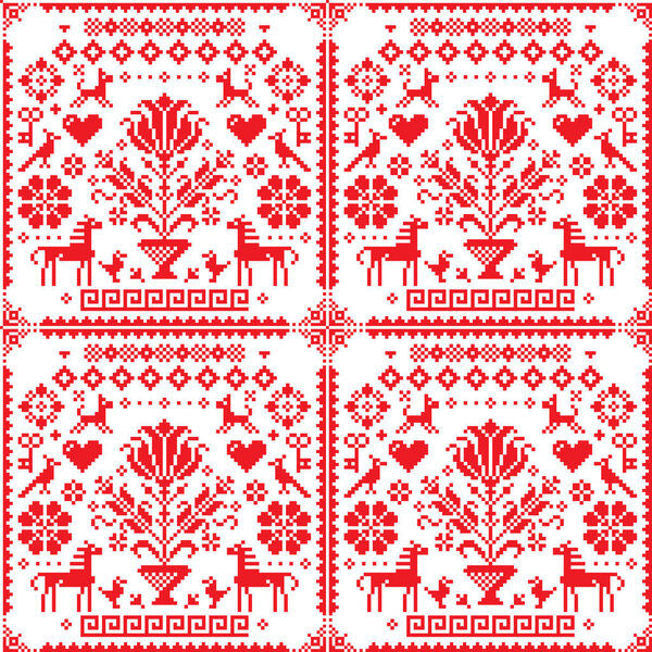 Traditional cross-stitch vector seamless red and white pattern - repetitive background inspired by German old style embroidery with flowers and animals