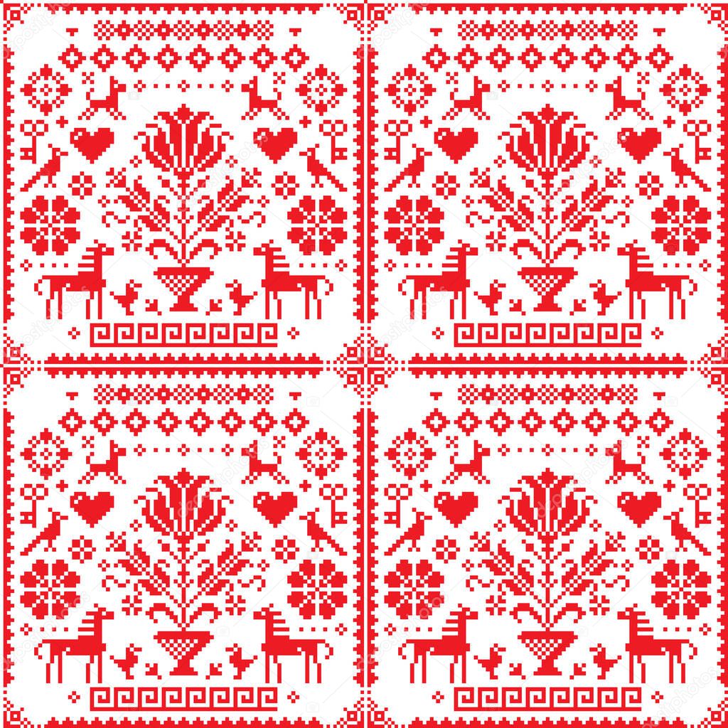 Traditional cross-stitch vector seamless red and white pattern - repetitive background inspired by German old style embroidery with flowers and animals