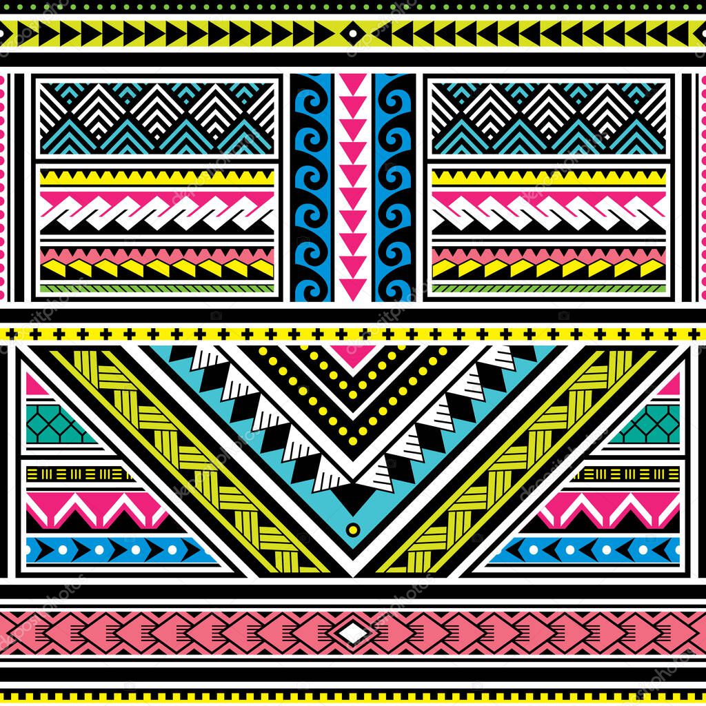 Polynesian tattoo seamless vector colorful pattern, Hawaiian tribal design inspired by art traditional geometric art from islands on Pacific Ocean
