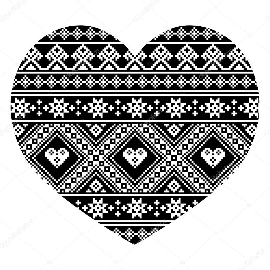 Ukrainian and Belarusian folk art pattern, heart shape with traditional cross-stitch embroidery design - Valentine's Day greeting card 