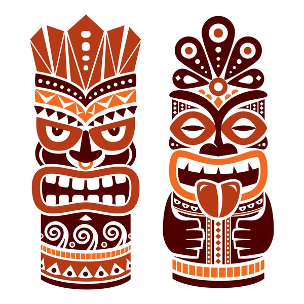 来自波利尼西亚和夏威夷部落民间艺术背景的棕色传统雕像装饰的Tiki杆子图腾矢量设计 — 图库矢量图片