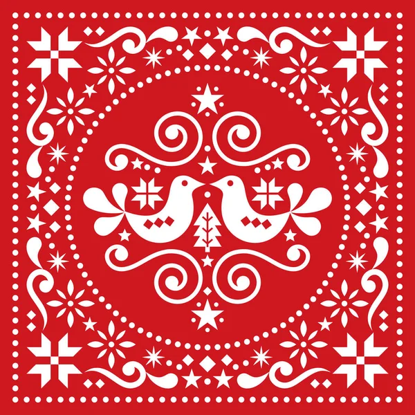 Weihnachten Skandinavische Volkskunst Vektor Grußkarte Muster Quadratischer Blumenschmuck Mit Weihnachtsbäumen — Stockvektor