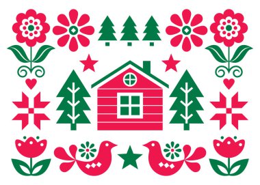 Noel İskandinav halk sanatları temsilcisi tebrik kartı tasarımı kırmızı ve yeşil olarak 5x7 biçiminde Noel ağaçları, kuşlar, çiçekler ve Fin eviyle