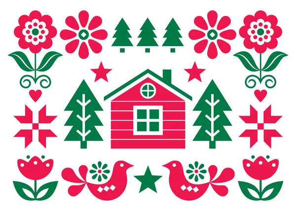 Christmas Scandinavian Folk Art Vector Greeting Card Design Red Green — Stock Vector