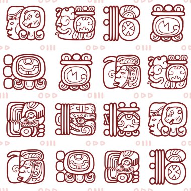 Maya sembolleri, Maya yazı sistemi vektörleri kusursuz desen - kabile sanatı. Maya hiyeroglif betiği kahverengi arka plan, tekstil ya da duvar kağıdı tasarımı üzerine tekrarlanan tasarım