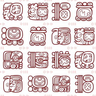 Maya glyphs, Mayan writing system vector seamless pattern - tribal art.  Mayan hieroglyphic script repetitive design in brown on white backround, textile or wallpaper design clipart