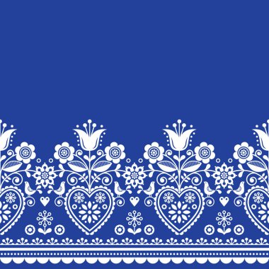 İskandinav halk sanatı, kuşlarla ve çiçeklerle kart vektör deseni, çiçeklerle tekrarlanan İskandinav yineleme süslemesi  