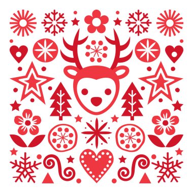 Noel İskandinav halk sanatı vektörü kırmızı tebrik kartı tasarımı, ren geyiği, kar taneleri, kalpler, yıldızlar, Noel ağaçları ve çiçekli şirin şenlik deseni