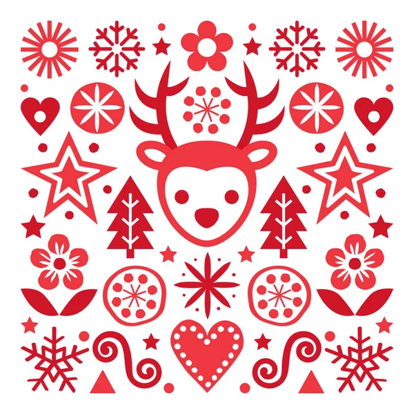 北欧の民俗芸術ベクトル赤いグリーティングカードのデザイン トナカイ 雪の結晶 クリスマスツリーや花とかわいいお祝いのパターン — ストックベクタ