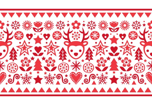 圣诞斯堪的纳维亚民间艺术矢量红色无缝图案 可爱的节日设计与驯鹿 圣诞树和鲜花 — 图库矢量图片