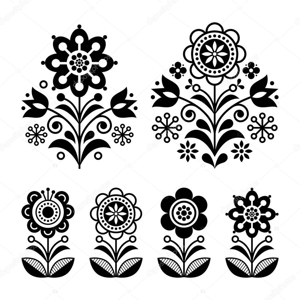 Scandinavian flowers design, folk art decoration with flowers, Nordic retro background in black and white. Retro floral monochrome design elements inspired by Swedish and Norwegian traditional embroidery 