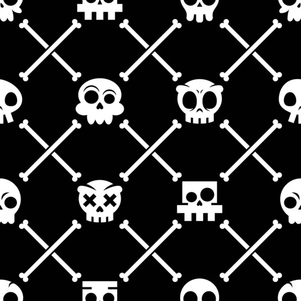万圣节骷髅病媒无缝图案 墨西哥可爱骷髅骨骼图案 黑色背景的Muertos白色饰品 — 图库矢量图片