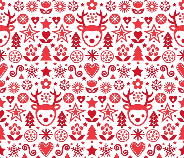 Christmas Cute Scandinavian Folk Art Vector Red Seamless Pattern Repetitive — Stock Vector