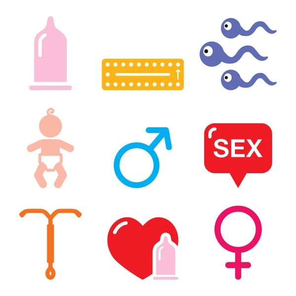 避孕方法 性病媒图标设置成色彩的白色背景 健康概念 防止怀孕 安全性行为设计收集 — 图库矢量图片