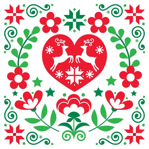 Navidad Reno Escandinavo Vector Diseño Tarjeta Felicitación Roja Fondo Festivo — Vector de stock