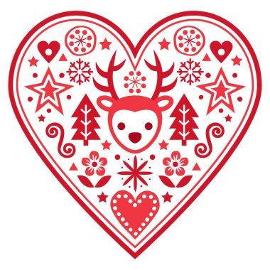 Noel İskandinav vekil kalp tebrik kartı tasarımı. Ren geyiği, kar taneleri, Noel ağacı ve çiçekleriyle halk sanatı deseni. Beyaz üzerine kırmızı renkte şirin İskandinav dekoratif arka planı, Noel 'i kutlamak, aşk konsepti