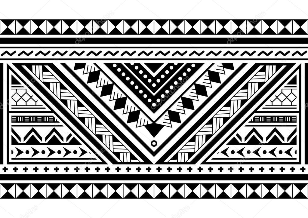 Polynesian ethnic seamless vector long horizontal pattern, Hawaiian black and white design inspired by Maori tattoo art