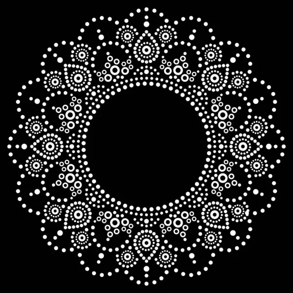曼达拉土著点画部落矢量设计 布荷风格的澳大利亚点画艺术图案为白色在黑色上 澳大利亚传统艺术在黑色背景下的土著装饰 — 图库矢量图片