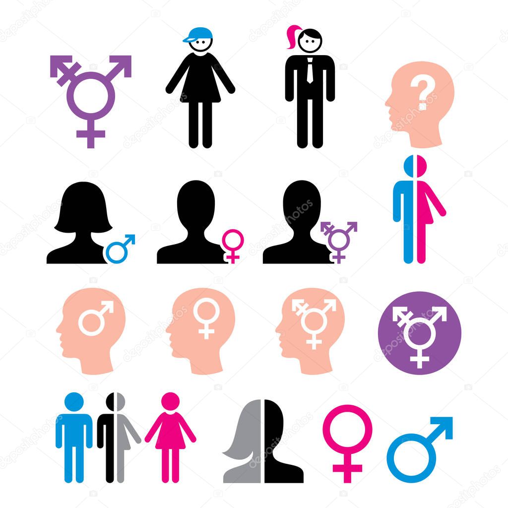 Transgender symbol, gender dysphoria, transsexual concept icons set. Transgender people, transsexualtiy vector color icon set isolated on white