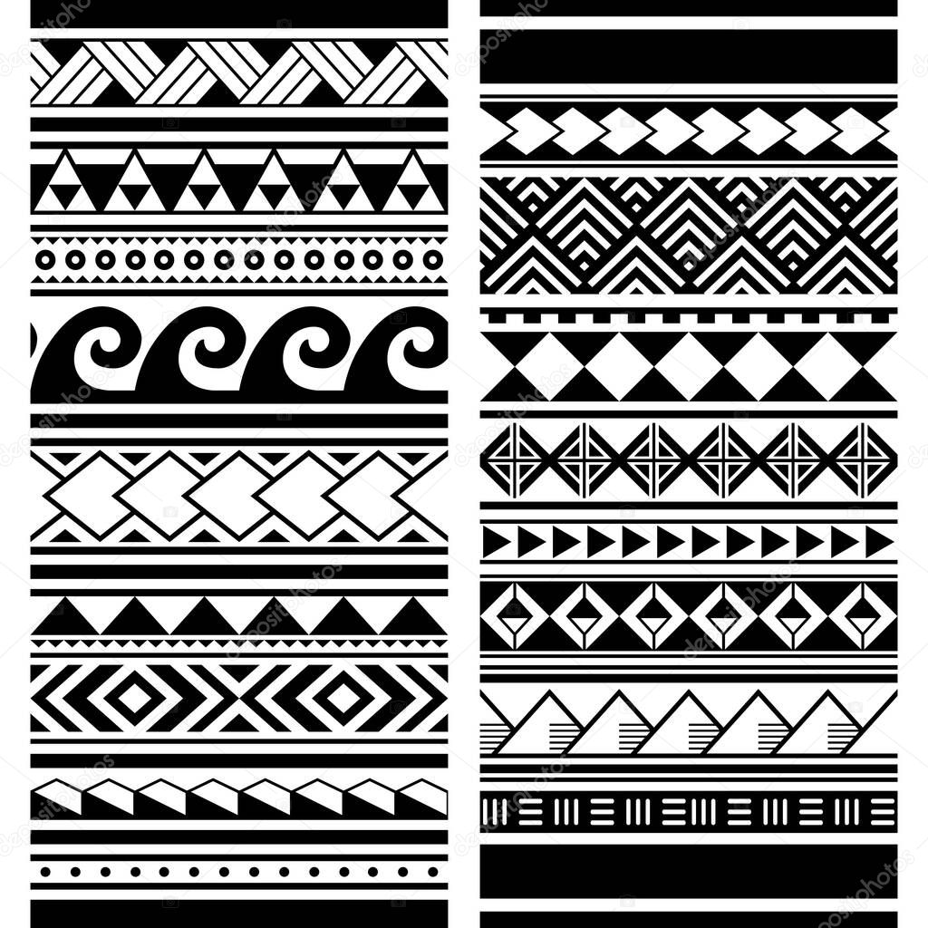 Polynesian Maori tattoo seamless vector two pattern set, Hawaiian tribal geometric monochrome design. Traditional tattoo art repetitive ornaments with triangles, zig-zag, abstract shapes in black on white