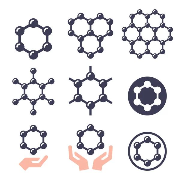 Carbone Grafeen Structuur Vector Kleur Pictogrammen Set Wetenschap Concept Atomen — Stockvector