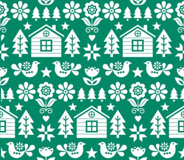 Noel İskandinav halk sanatı deseni beyazı üzerine bembeyaz desenli Noel ağaçları, kuşlar, çiçekler ve Fin evi. Çiçek elementleri, hayvanlar, yıldızlar ve kar taneleri içeren İskandinav Xmas şenlik tekstili veya duvar kağıdı arka planı