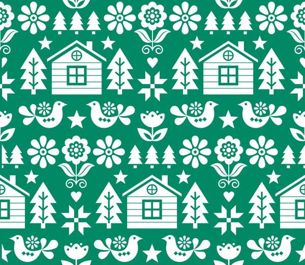 Christmas Scandinavian Folk Art Vector Seamless Pattern White Green Christmas — Stock Vector