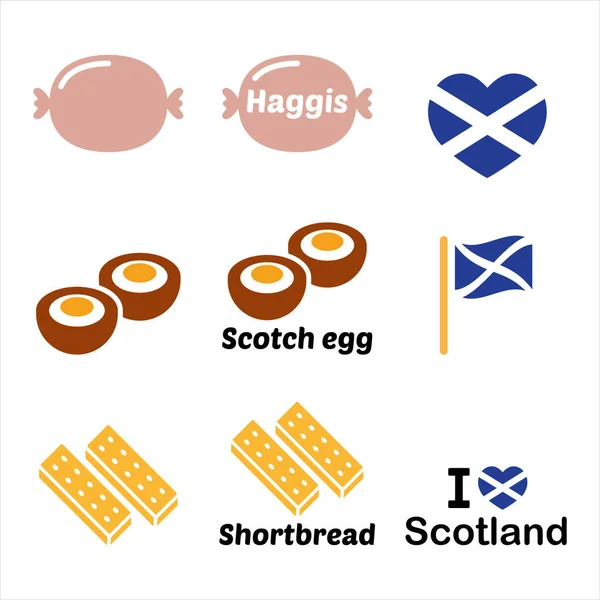 Skotsk Mat Haggis Scotch Ägg Shortbread Ikoner Set Traditionell Måltidsdesign — Stock vektor