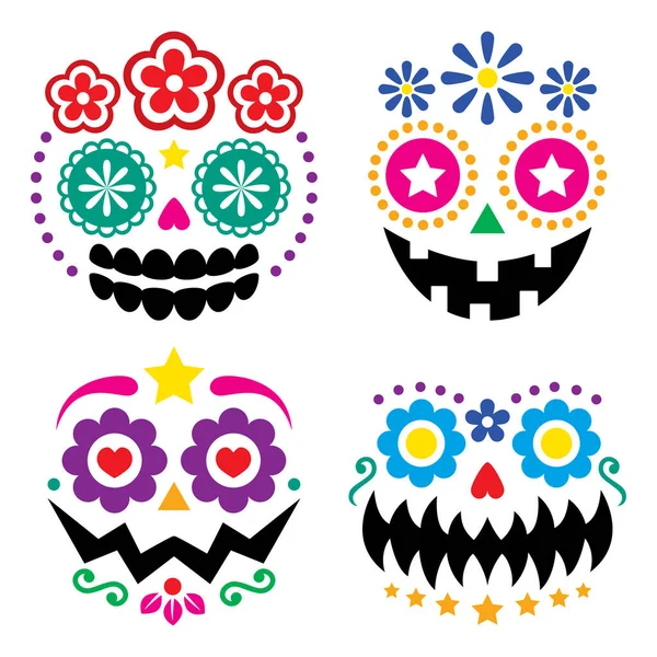 Halloween Dia Los Muertos Skulls Pumpkin Faces Vector Color Design — Stock Vector
