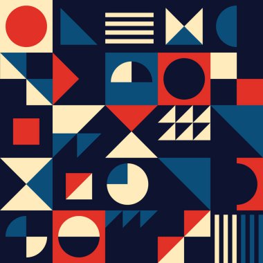 Antika, orta çağ modern, dikişsiz şablon. 60 'lar ve 70' lerin üçgenleri, daireleri ve soyut şekilleri olan geometrik tekstil tasarımı. Geçmişe dönük yinelenen arka plan, acayip minimalist duvar kağıdı veya poster