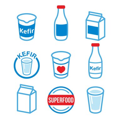 Kefir veya kefi, mayalanmış süt ürünü, süper yiyecek vektör simgeleri seti - renk. Vektör ısılı yiyecek simgeleri - kefir tasarımı beyaz üzerine izole 