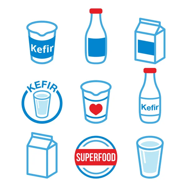 Kefir Kephir Fermented Milk Product Superfood Vector Icons Set Color — Stock Vector