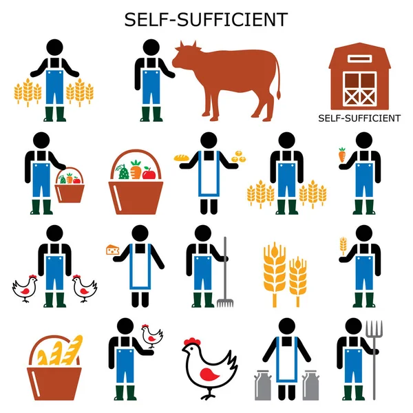 Self Sufficient Farmer Vector Color Icons Self Sufficiency Farming Concept — Stock Vector