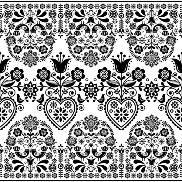 北欧の花民俗芸術は 鳥とシームレスなベクトルパターン 花と北欧の繰り返し黒と白の装飾 スウェーデンとノルウェーの伝統的な刺繍に触発されたレトロなモノクロの花の背景 — ストックベクタ