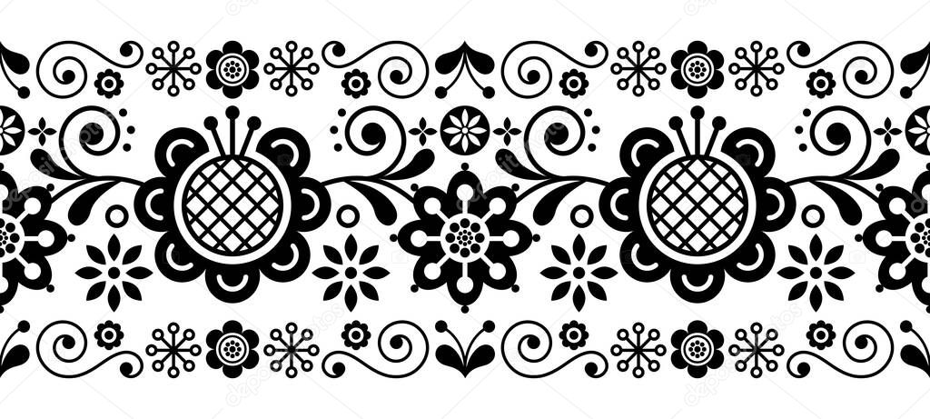 Scandinavian folk art retro vector long pattern, floral ornament in black and white - seamless stripe stripe