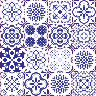 Portekiz Azulejo fayanslarının dikişsiz vektör deseni, Lizbon lacivert antika seramik tasarım koleksiyonu. Çiçekli ve soyut şekilli geleneksel İspanyol ve Portekiz geometrik fayanslarından esinlenilmiş süslemeli çivit arkaplan 