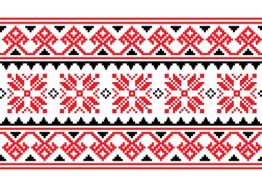 Ukraynalı, Belarus çapraz dikişli vektörsüz desen, halk sanatı Vyshyvanka 'nın ürettiği uzun retro süsleme. Doğu Avrupa 'dan Slav süsü, kırmızı ve siyah yatay süsleme 