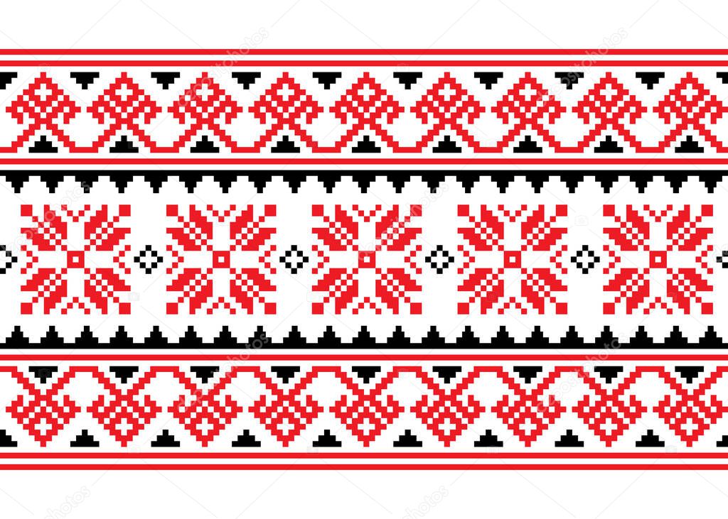 Ukrainian, Belarusian cross-stitch vector seamless pattern, long retro ornament inpired by folk art - Vyshyvanka. Slavic ornament from Eastern Europe, horizontal decoration in red and black 